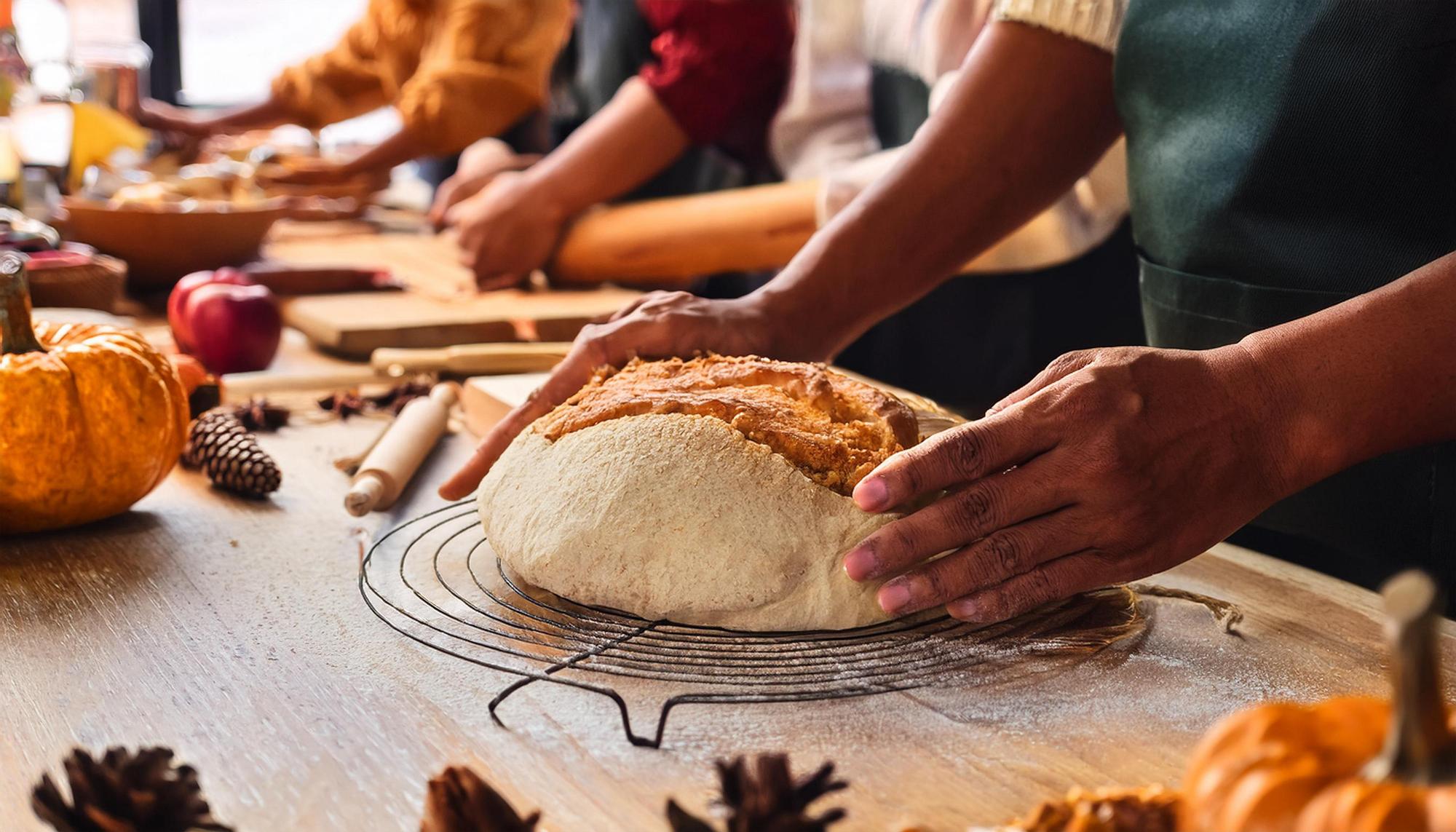 Hands-on kneading demo for bread class